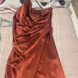 Copper-brown like silk dress from david’s bridal